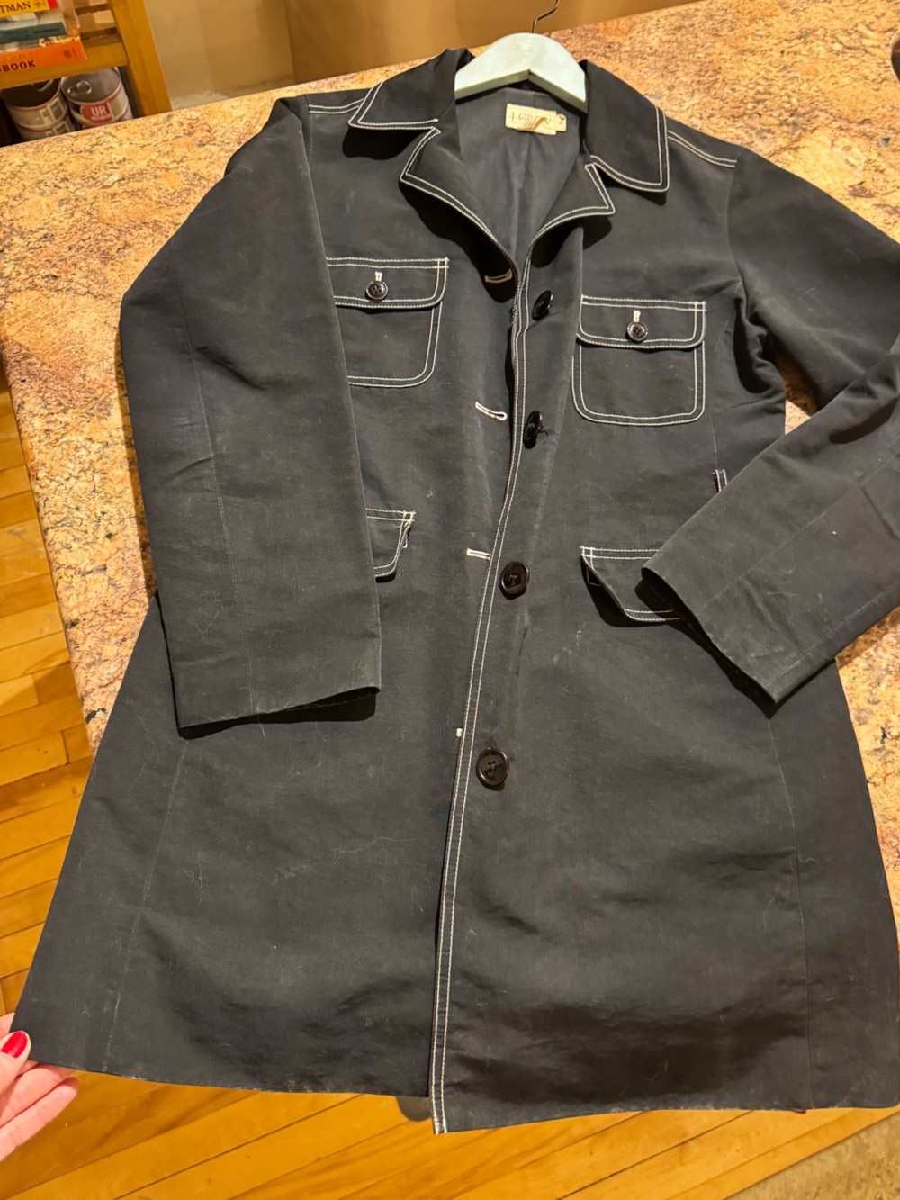 J. Crew Vintage Lined Raincoat, Black with White Stitching